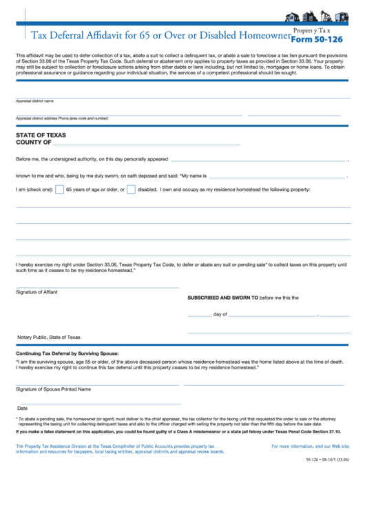 Fillable Form 50-126 - Tax Deferral Affidavit For 65 Or Over Or Disabled Homeowner Printable pdf