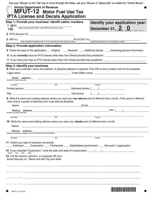 Fillable Form Mfut-12 - Motor Fuel Use Tax Ifta License And Decals Application - 2010 Printable pdf