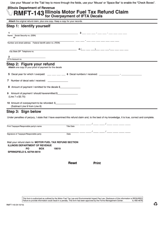Fillable Form Rmft-143 - Illinois Motor Fuel Tax Refund Claim For Overpayment Of Ifta Decals - Illinois Department Of Revenue Printable pdf
