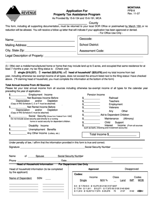 Ppb-8 - Application For Property Tax Assistance Program Form Montana Printable pdf