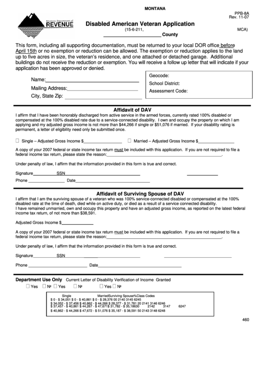 Ppb-8a - Disabled American Veteran Application Form Montana Printable pdf