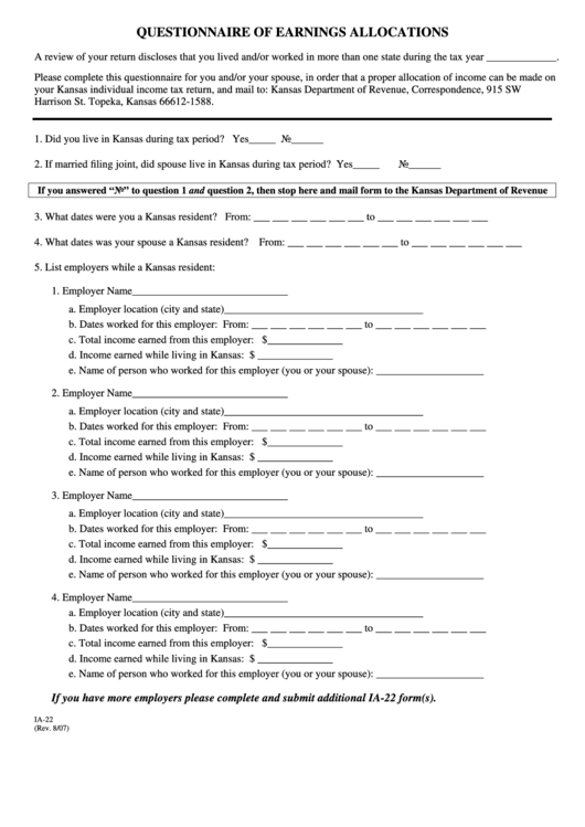 Fillable Form Ia-22 Questionnaire Of Earnings Allocations Printable pdf
