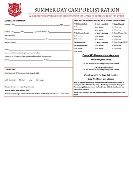 Summer Day Camp Registration Form - Salvation Army In Royal Oak Printable pdf
