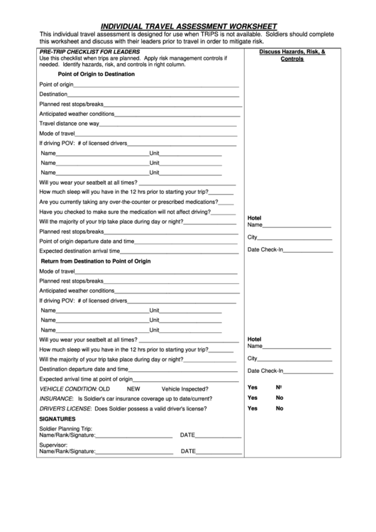 Individual Travel Assessment Worksheet Printable pdf