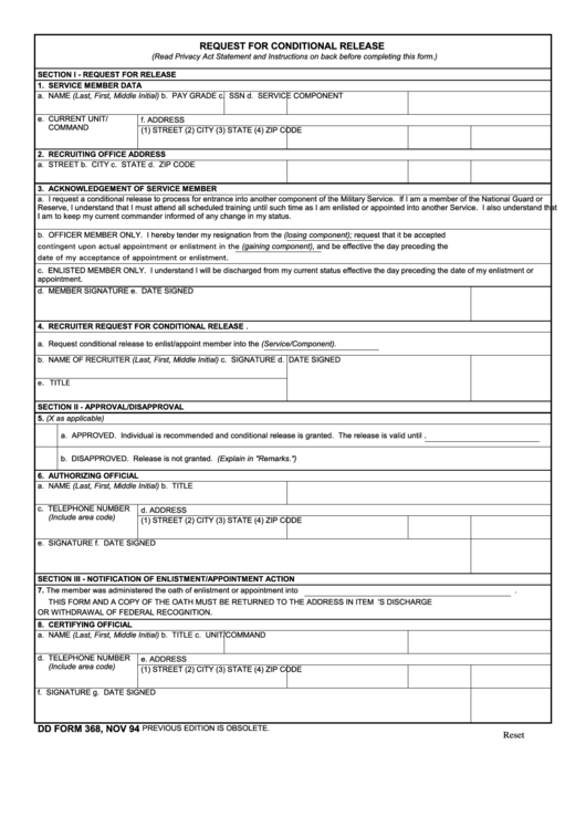 Fillable Dd Form 368 Request For Conditional Release Printable pdf