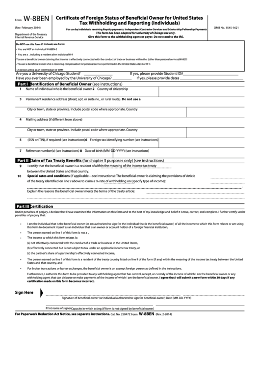 Fillable Form W-8ben Certificate Of Foreign Status Of Beneficial Owner For United States Tax Withholding And Reporting (Individuals) Printable pdf
