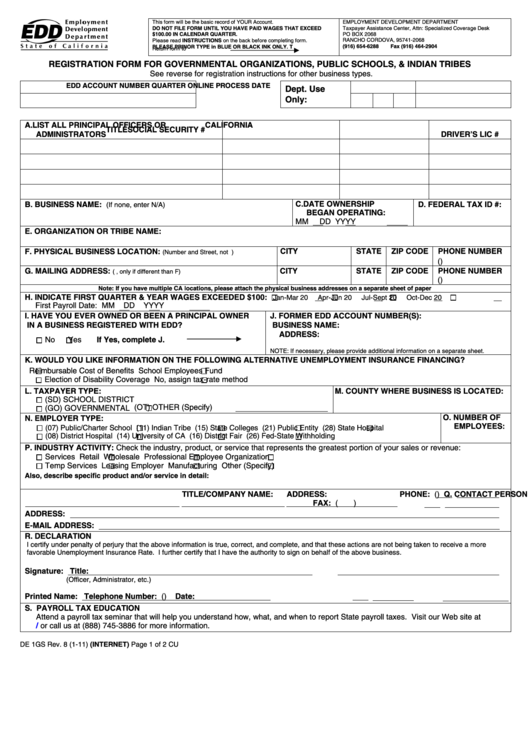 Fillable Form De 1gs - Registration Form For Governmental Organizations, Public Schools, & Indian Tribes - 2011 Printable pdf