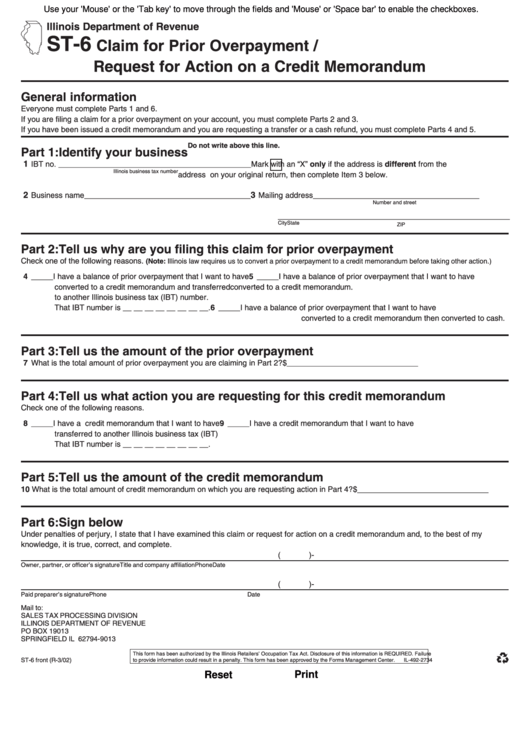 Fillable Form St-6 - Claim For Prior Overpayment / Request For Action On A Credit Memorandum Form Printable pdf