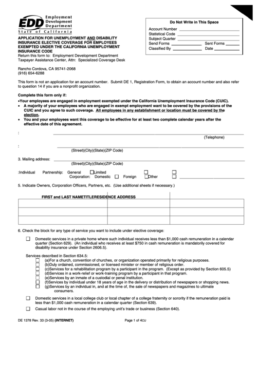 Form De 1378 - Application For Unemployment And Disability Insurance Elective Coverage For Employees Exempted Under The California Unemployment Insurance Code - 2005 Printable pdf