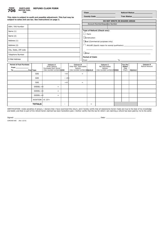Fillable Form 706 Refund Claim - Maryland Motor Fuel Tax Printable pdf