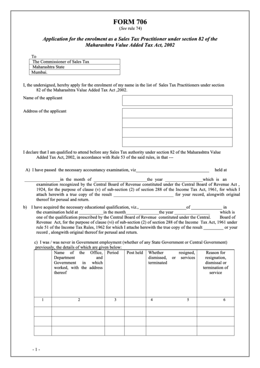 Form 706 - Application For The Enrolment As A Sales Tax Practitioner Under Section 82 Of The Maharashtra Value Added Tax Act, 2002 Printable pdf