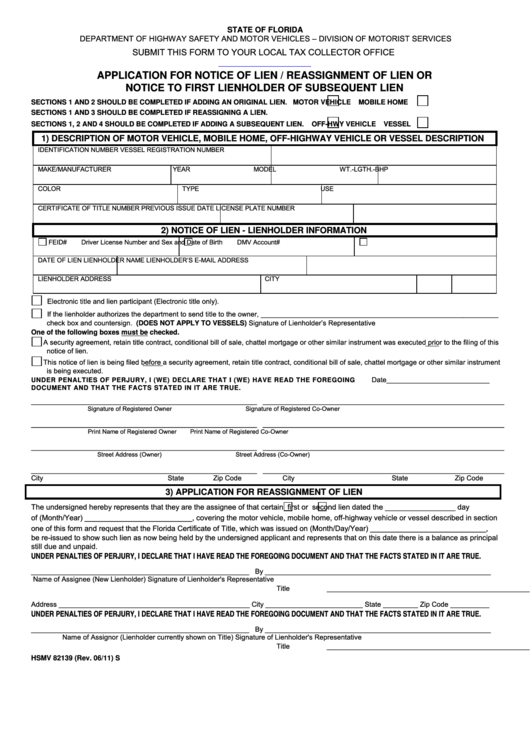 Fillable Form Hsmv 82139 - Application For Notice Of Lien / Reassignment Of Lien Or Notice To First Lienholder Of Subsequent Lien Printable pdf