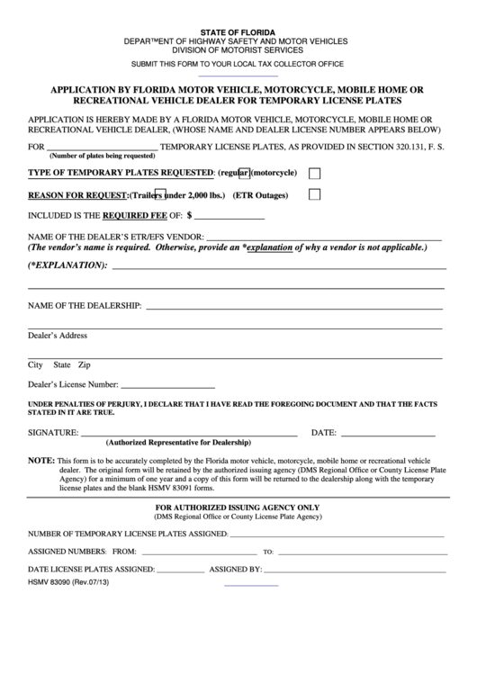 Fillable Form Hsmv 83090 - Application By Florida Motor Vehicle, Motorcycle, Mobile Home Or Recreational Vehicle Dealer For Temporary License Plates Printable pdf
