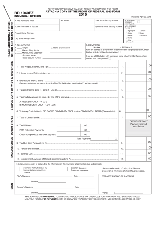 Form Br 1040ez - Attach To 1040 Form - Individual Return - 2015 Printable pdf