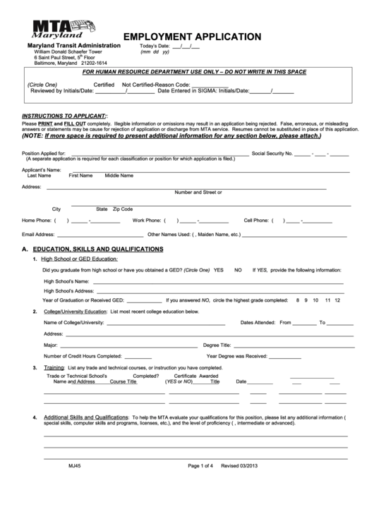 Employment Application Form - Maryland Transit Administration Printable pdf