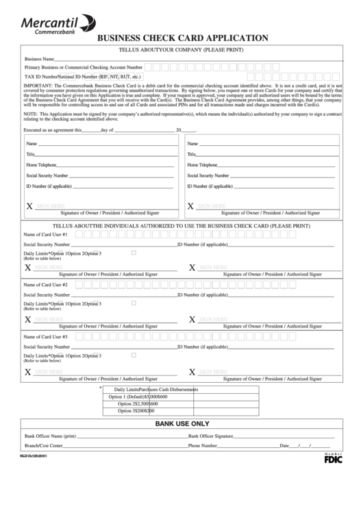 Fillable Form Mcb-O-138 Business Check Card Application Printable pdf