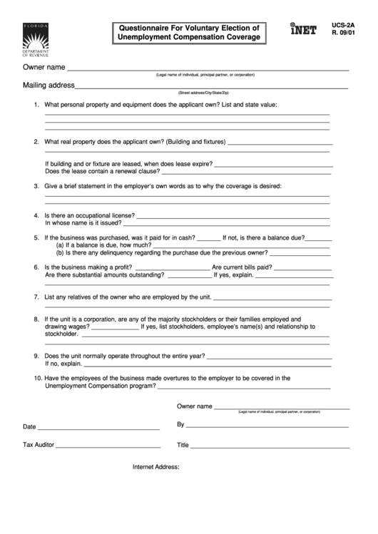 Ucs-2a - Questionnaire For Voluntary Election Of Unemployment Compensation Coverage Form Printable pdf