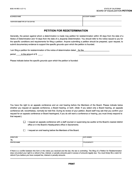 Fillable Form Boe-416 - Petition For Redetermination Printable pdf