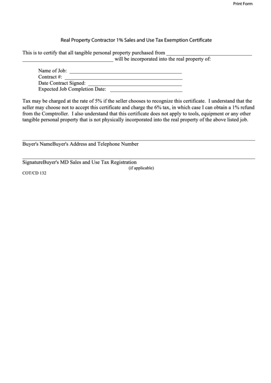 Fillable Real Property Contractor 1% Sales And Use Tax Exemption Certificate Form Printable pdf