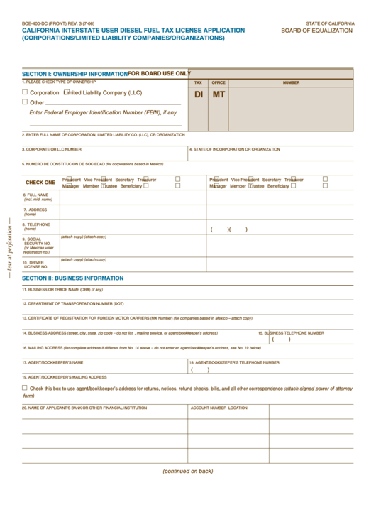 Fillable Form Boe-400-Dc - California Interstate User Diesel Fuel Tax License Application Printable pdf