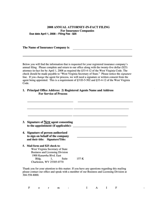 Fillable Form Iaif - 2008 Annual Attorney-In-Fact Filing For Insurance Companies West Virginia Printable pdf