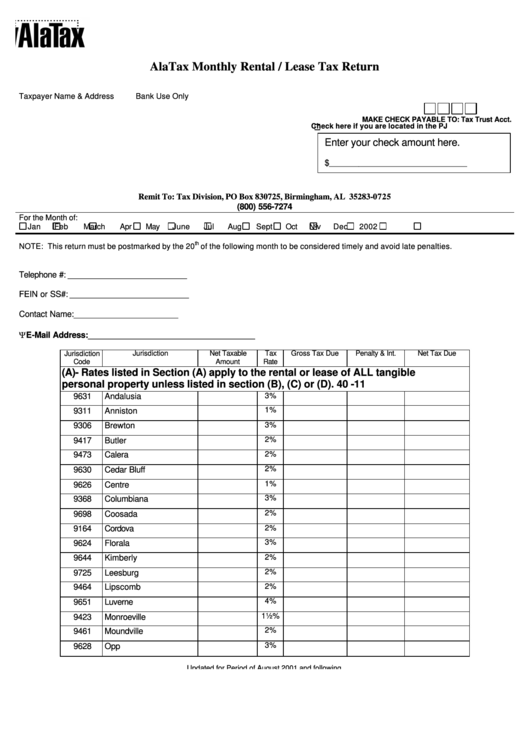Monthly Rental / Lease Tax Return Form Printable pdf