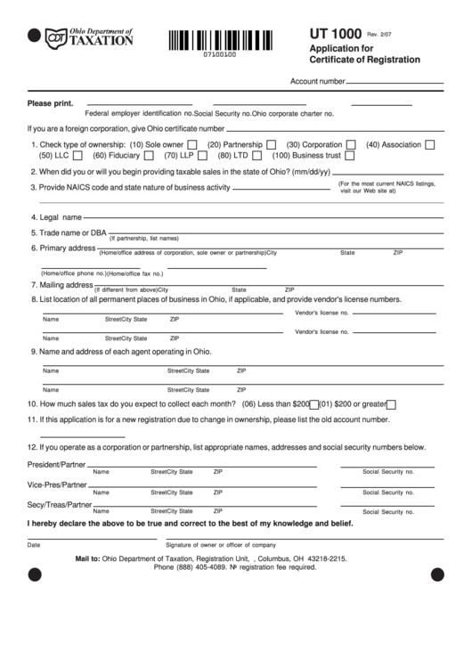 Fillable Form Ut-1000 - Application For Certificate Of Registration Printable pdf