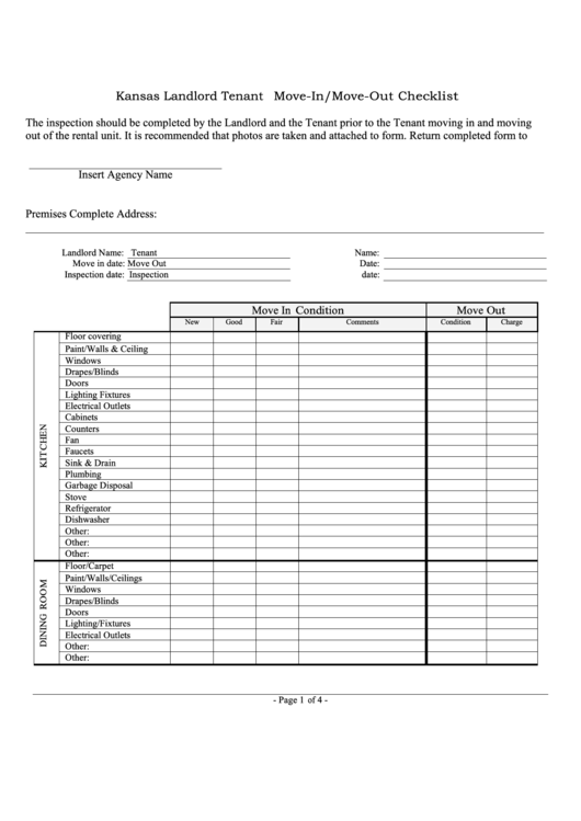 Fillable Kansas Landlord Tenant Move-In/move-Out Checklist Template Printable pdf