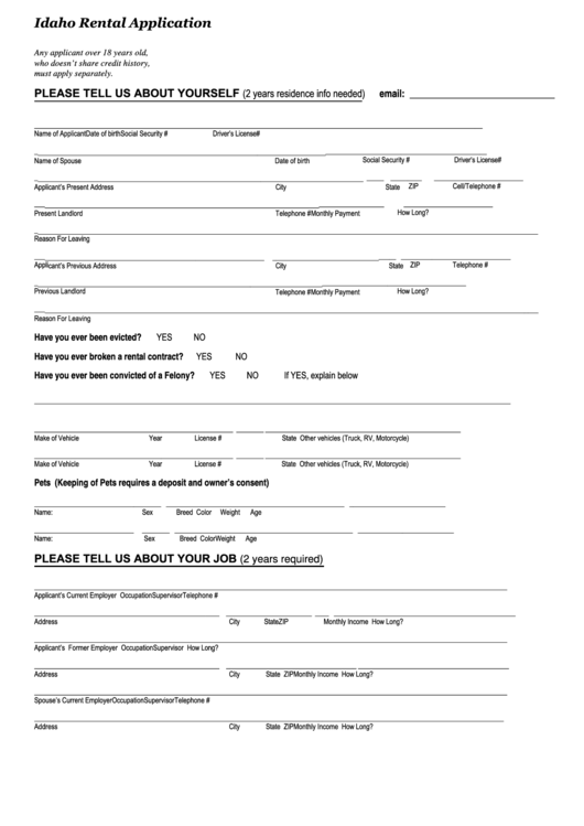 Fillable Idaho Rental Application Form Printable pdf