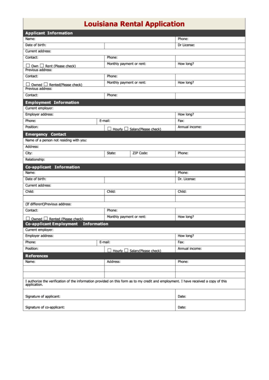 Fillable Louisiana Rental Application Form Printable pdf