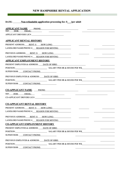 Fillable New Hampshire Rental Application Form Printable pdf