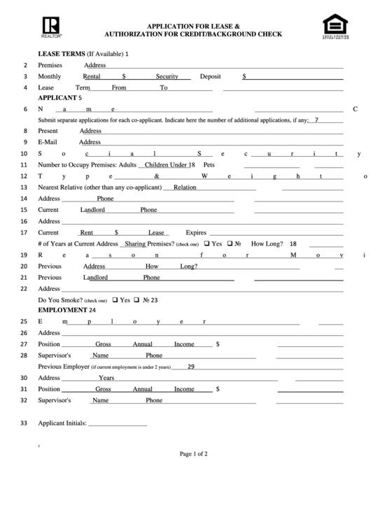 Fillable Application For Lease & Authorization For Credit/background Check Form Printable pdf