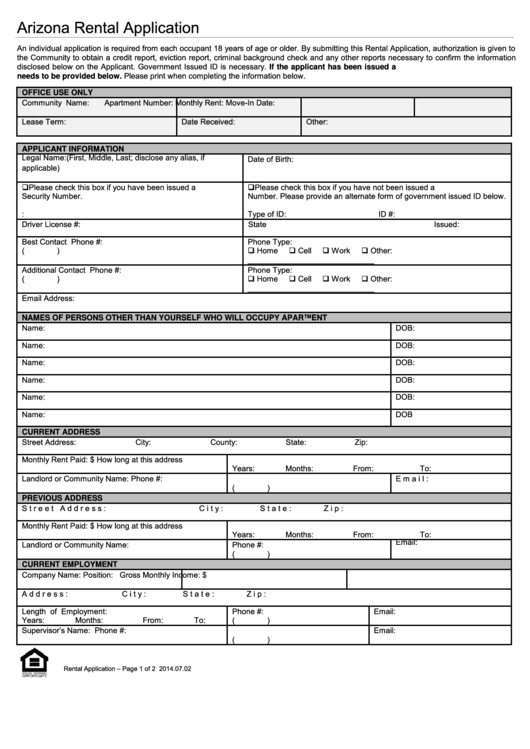 Arizona Rental Application Form Printable pdf