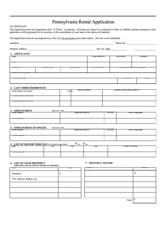 Fillable Pennsylvania Rental Application Form Printable pdf