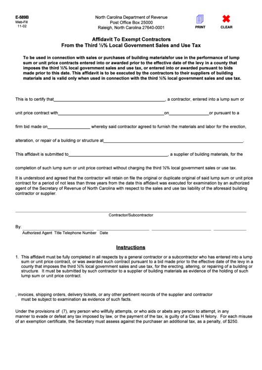 Fillable Form E-589b - Affidavit To Exemplt Contractors Printable pdf