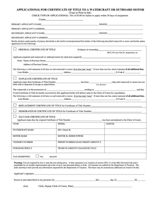 Application For Certificate Of Title To Watercraft Or Outboard Motor Printable pdf