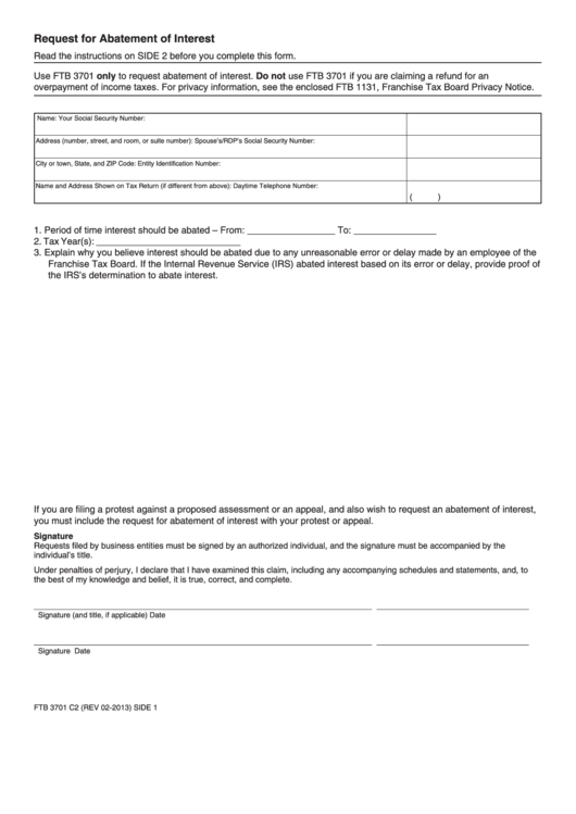 Ftb 3701 C2 - Request For Abatement Of Interest Form - 2013 Printable pdf
