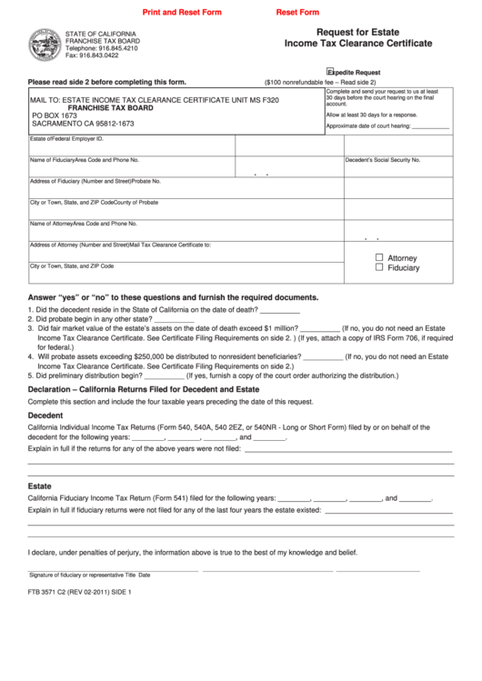 Fillable Form Ftb 3571 C2 - Request For Estate Income Tax Clearance Certificate Printable pdf