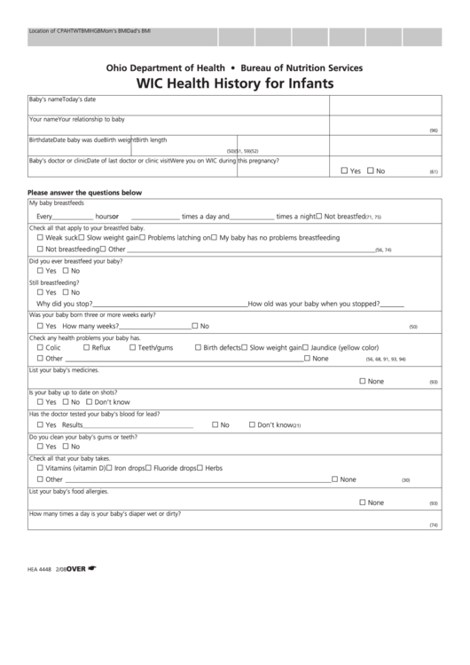 Wic Health History For Infants Form - Ohio Department Of Health Printable pdf