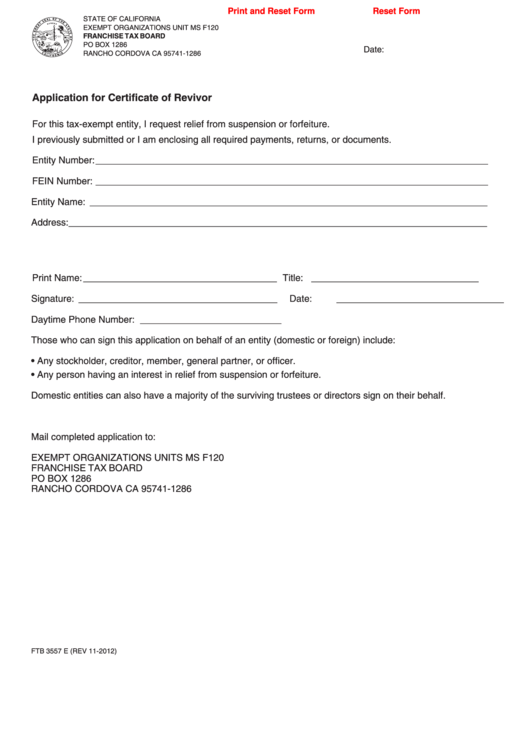 Fillable Form Ftb 3557 E - Application For Certificate Of Revivor - 2012 Printable pdf