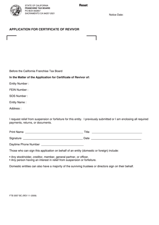 Fillable Form Ftb 3557 Bc - Application For Certificate Of Revivor - 2009 Printable pdf