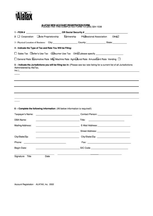 Alatax New Account Registration Form - 2002 Printable pdf