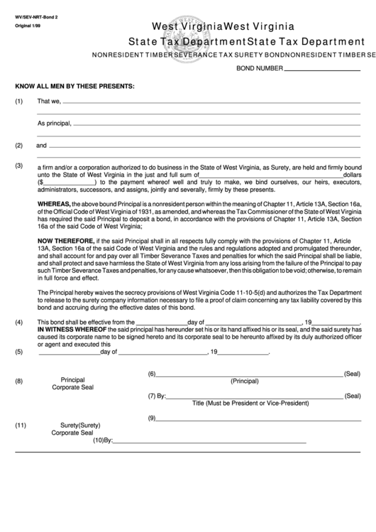 Form Wv/sev-Nrt-Bond 2 - Nonresident Timber Severance Tax Surety Bond - 1999 Printable pdf