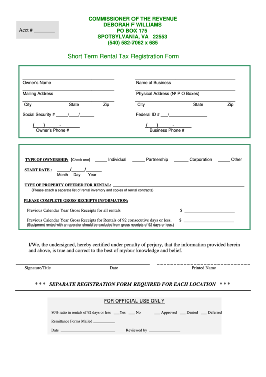 Short Term Rental Tax Registration Form - Spotsylvania Printable pdf