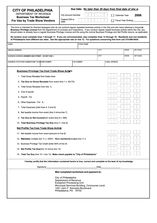 Business Tax Return For Use By Trade Show Vendors - City Of Philadelphia - 2006 Printable pdf