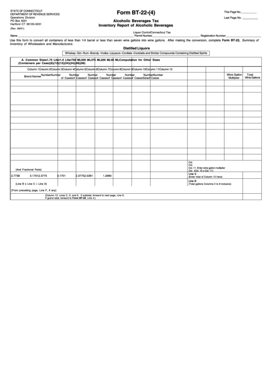 Form Bt-22-(4) - Alcoholic Beverages Tax Inventory Report Of Alcoholic Beverages - 2001 Printable pdf