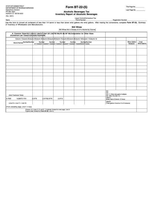 Form Bt-22-(5) - Alcoholic Beverages Tax Inventory Report Of Alcoholic Beverages - 2001 Printable pdf
