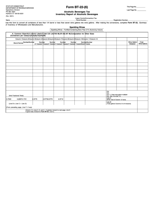 Form Bt-22-(6) - Alcoholic Beverages Tax Inventory Report Of Alcoholic Beverages - 2001 Printable pdf