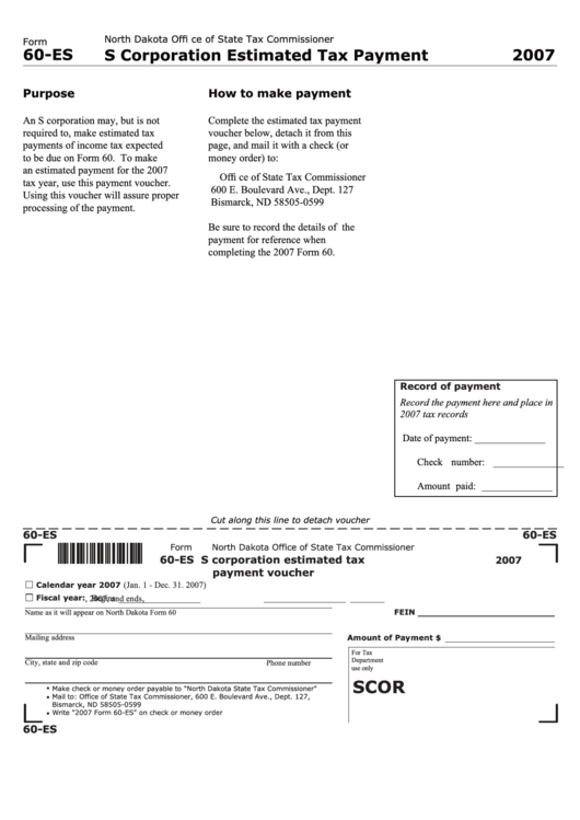 Form 60-Es - S Corporation Estimated Tax Payment Voucher - 2007 Printable pdf
