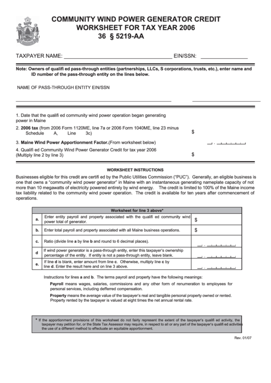 Community Wind Power Generator Credit Worksheet For Tax Year 2006 Form Printable pdf